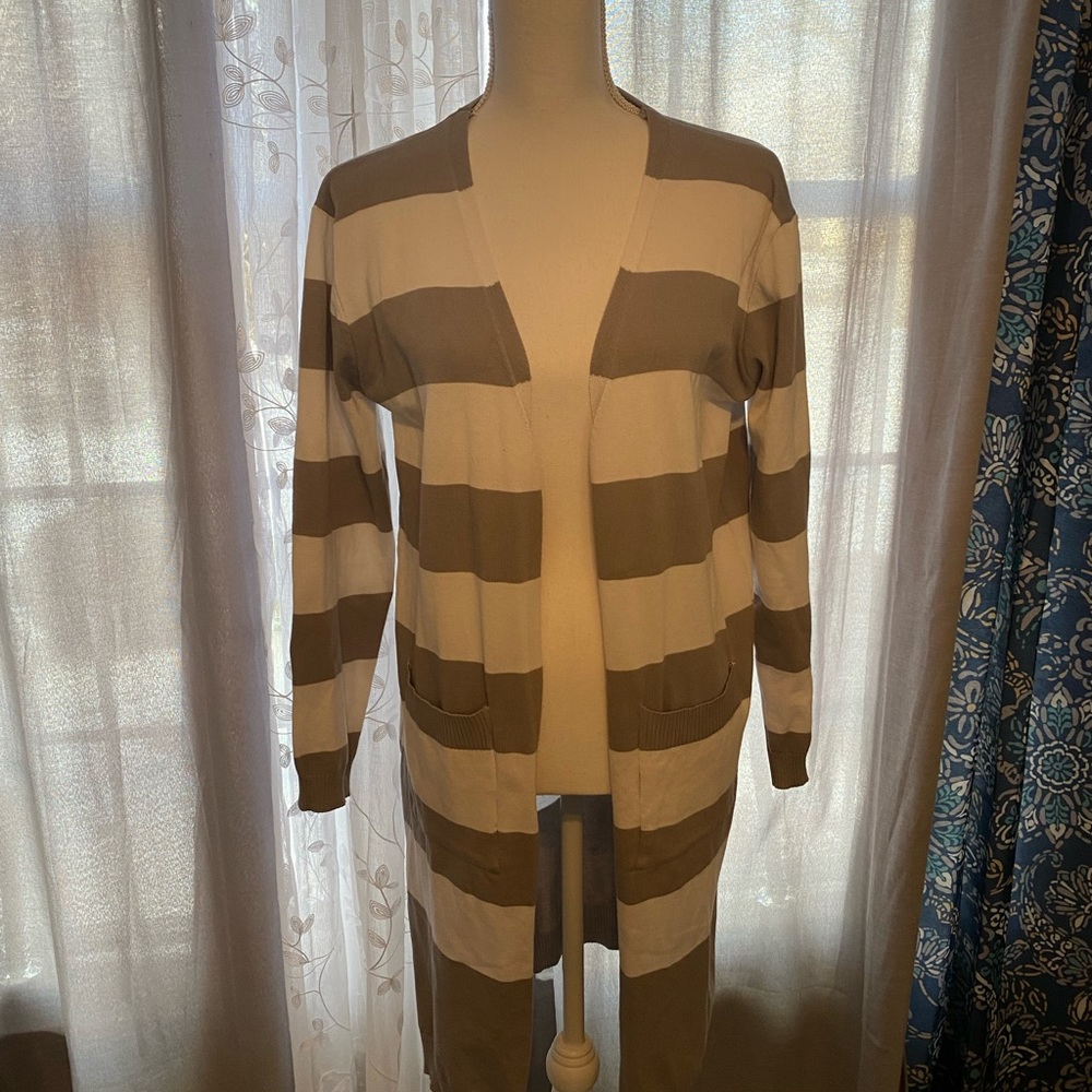 Grey and White striped long open cardigan sweater size XL